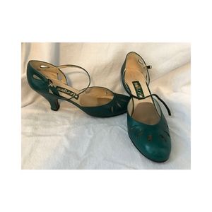 Green ankle strap heel with front cutouts